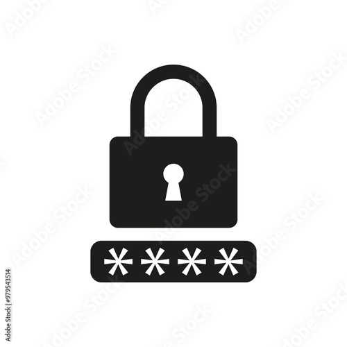 Password protection icon. Lock and password symbol. Secure access graphic. Black and white vector.