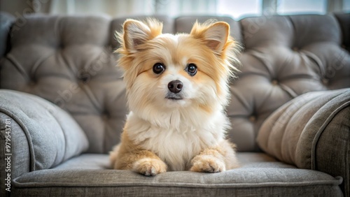 Adorable fluffball sitting on a cozy couch, gazing directly at the camera with bright curious eyes, soft fur, and a relaxed open-mouthed expression. photo