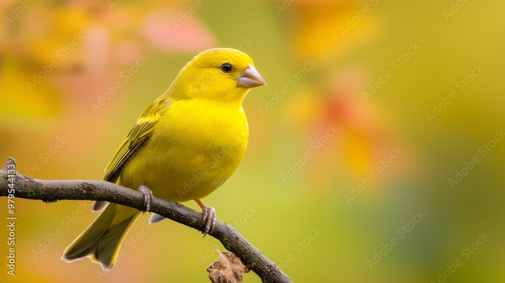 A yellow bird perched on a tree branch against a softly blurred backdrop of leaves and branches A yellow bird perched on a tree branch against a softly blurred backdrop of leaves and branches