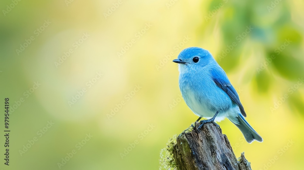 A tiny blue bird perches atop a weathered wood post before a lush, green tree stump and leafy backdrop A tiny blue bird perches atop a weathered wood post before a lush, green tree stump and leafy backdrop