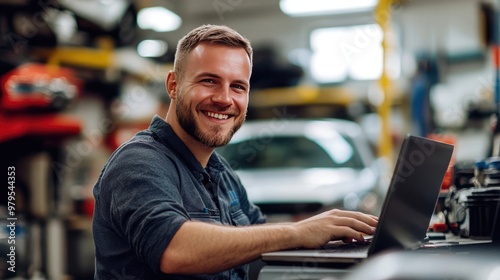 Smiling Mechanic Working on Laptop in Auto Repair Shop with Modern Car Parts Store in Background