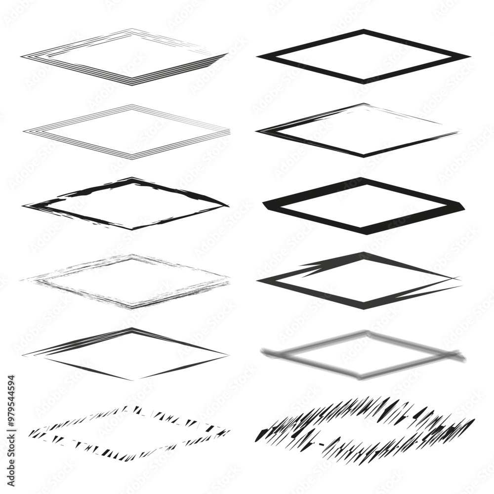 Distorted rhombus frames. Grunge geometric shapes. Abstract textured borders. Black and white vector.