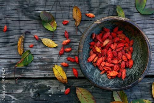 Wooden background with barberry in bowl and dry goji berries photo