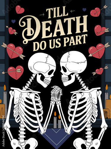 Two skeletons holding hands with hearts floating around-Till Death Do Us Part