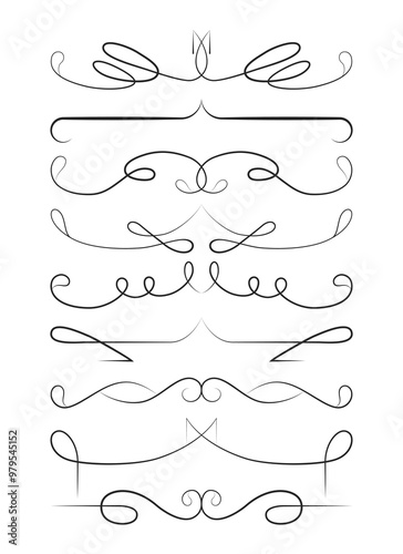 Collection of elegant black swirl line dividers with flowing ornamental designs
