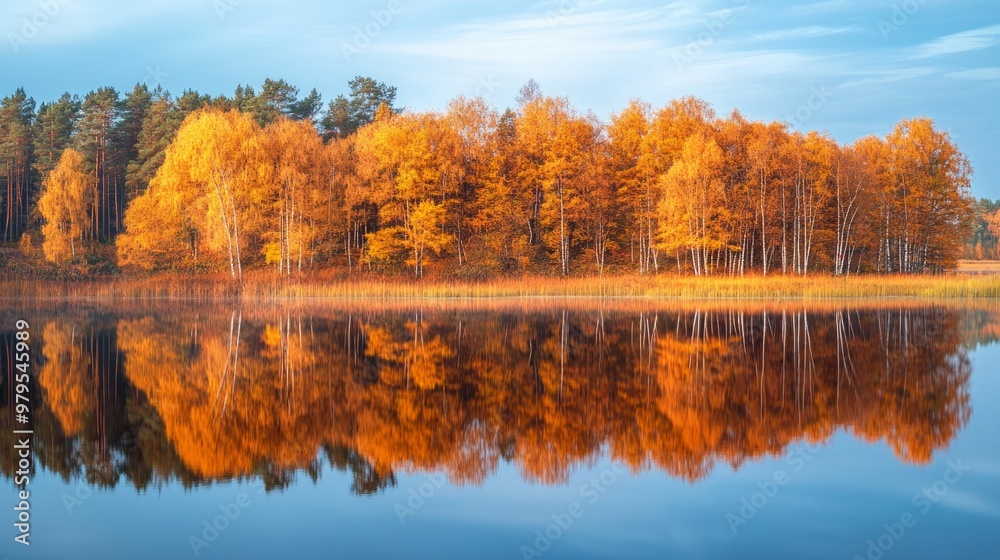 Autumn Serenity, a tranquil lake mirroring brilliant orange and yellow foliage, captures the essence of fall's beauty in nature's peaceful embrace. Autumn Serenity, a tranquil lake mirroring brilliant orange and yellow foliage, captures the essence of fall's beauty in nature's peaceful embrace.