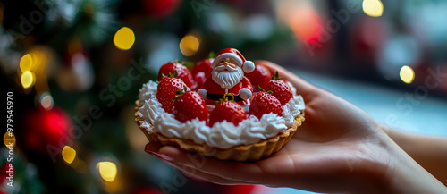 A woman's hands holding a strawberry tart decorated with a Santa Claus figurine, photo