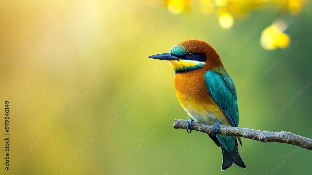 A vibrant bird sits atop a branch against a backdrop of indistinct yellow and green foliage A vibrant bird sits atop a branch against a backdrop of indistinct yellow and green foliage