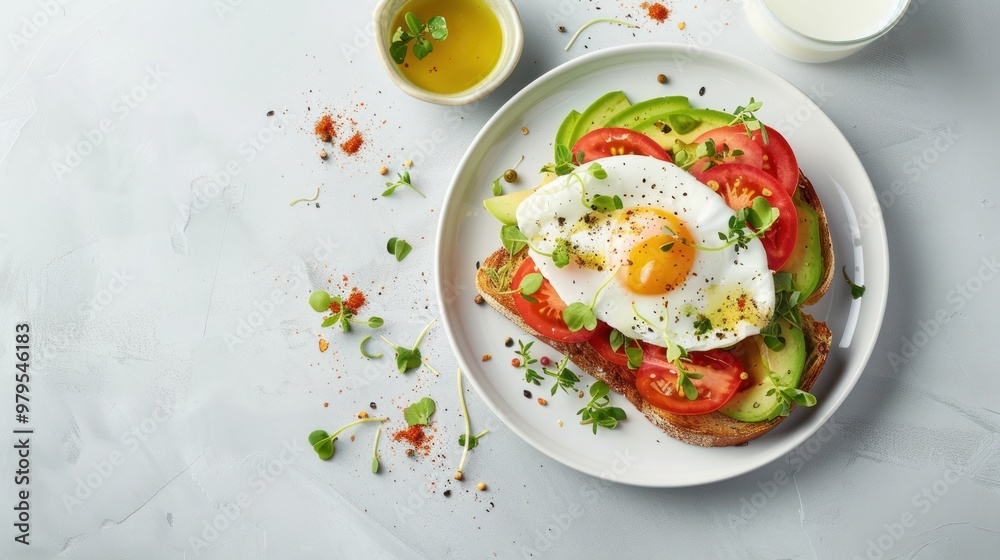 A plate of avocado toast topped with a poached egg, sliced tomatoes, and a sprinkle of red pepper flakes, served with a side of almond milk A plate of avocado toast topped with a poached egg, sliced tomatoes, and a sprinkle of red pepper flakes, served with a side of almond milk
