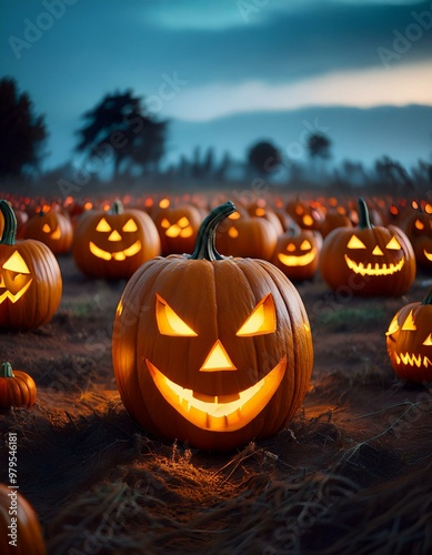 Escena nocturna de un campo de calabazas de Halloween iluminadas por dentro