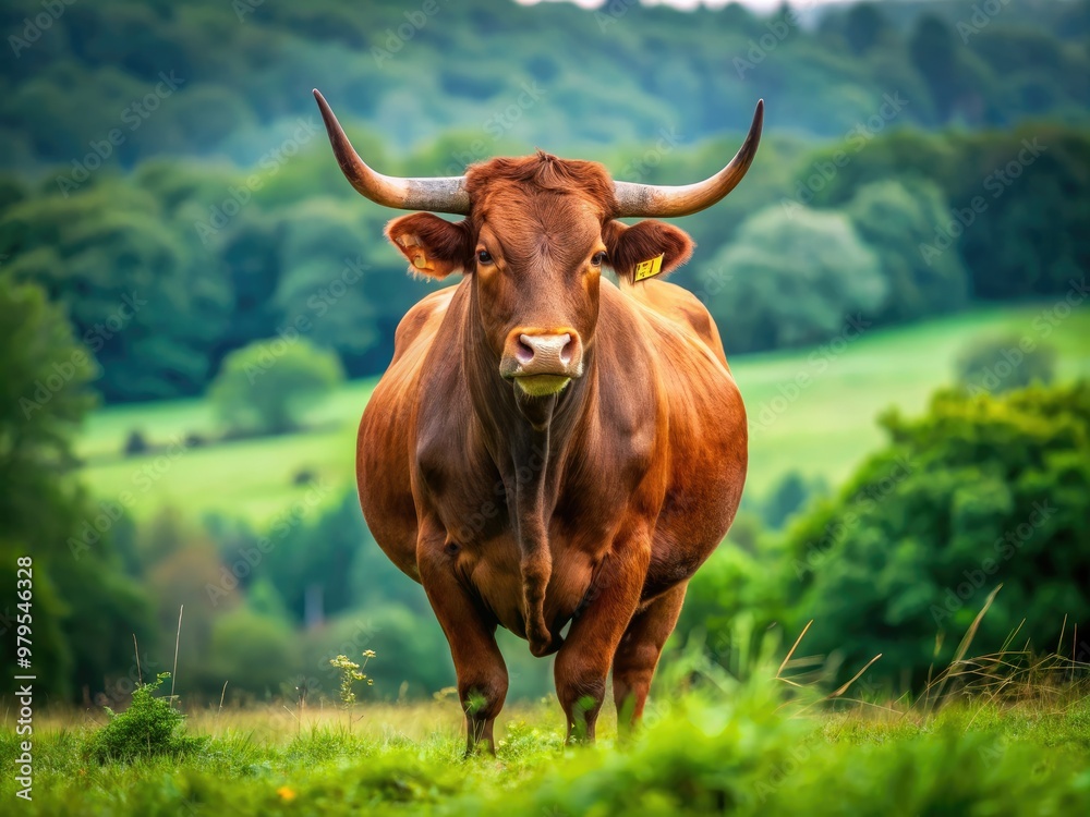 A majestic brown bull stands proudly in a lush green meadow, its powerful muscles and sharp horns exuding strength and dominance in a serene rural landscape. A majestic brown bull stands proudly in a lush green meadow, its powerful muscles and sharp horns exuding strength and dominance in a serene rural landscape.