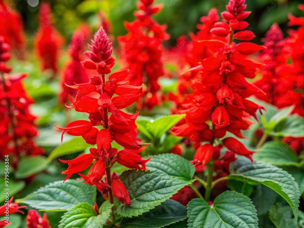Crimson-hued Scarlet Sage flowers bloom amidst lush green foliage in a serene garden setting, adding pops of vibrant color to the natural scenery. Crimson-hued Scarlet Sage flowers bloom amidst lush green foliage in a serene garden setting, adding pops of vibrant color to the natural scenery.