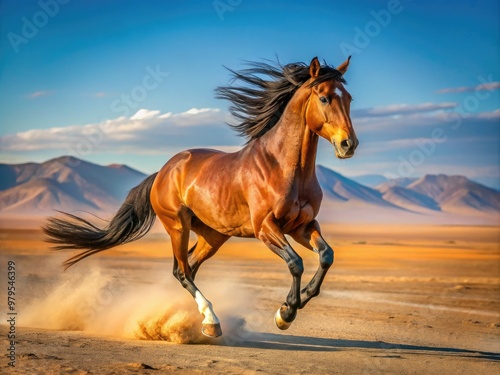 A majestic brown horse gallops freely in an open vast desert landscape under a clear blue sky with a subtle hint of warm afternoon sunlight.