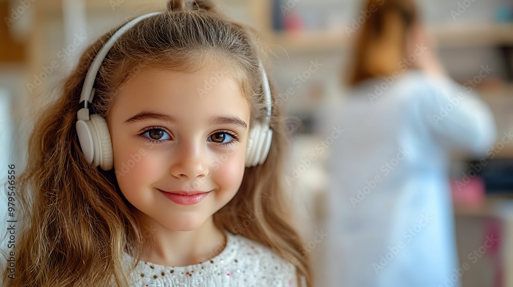 Close-up of a cheerful young girl with long hair, wearing headphones and smiling indoors, creating a warm and joyful atmosphere. Close-up of a cheerful young girl with long hair, wearing headphones and smiling indoors, creating a warm and joyful atmosphere.