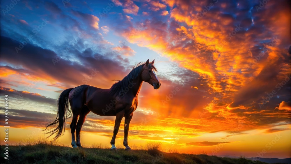 A majestic horse stands alone at dawn, its dark silhouette contrasting against a vibrant orange and pink sunrise sky with fluffy white clouds. A majestic horse stands alone at dawn, its dark silhouette contrasting against a vibrant orange and pink sunrise sky with fluffy white clouds.