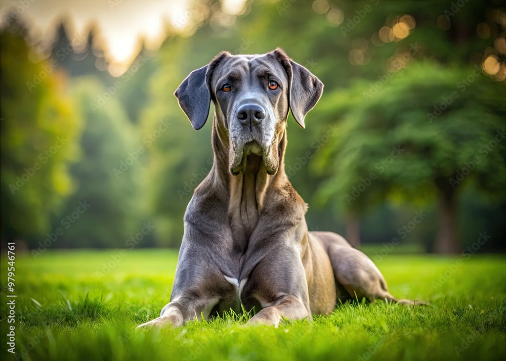 A majestic Great Dane with a gentle expression and floppy ears lies relaxed on a soft green meadow, showcasing its massive size and gentle nature. A majestic Great Dane with a gentle expression and floppy ears lies relaxed on a soft green meadow, showcasing its massive size and gentle nature.