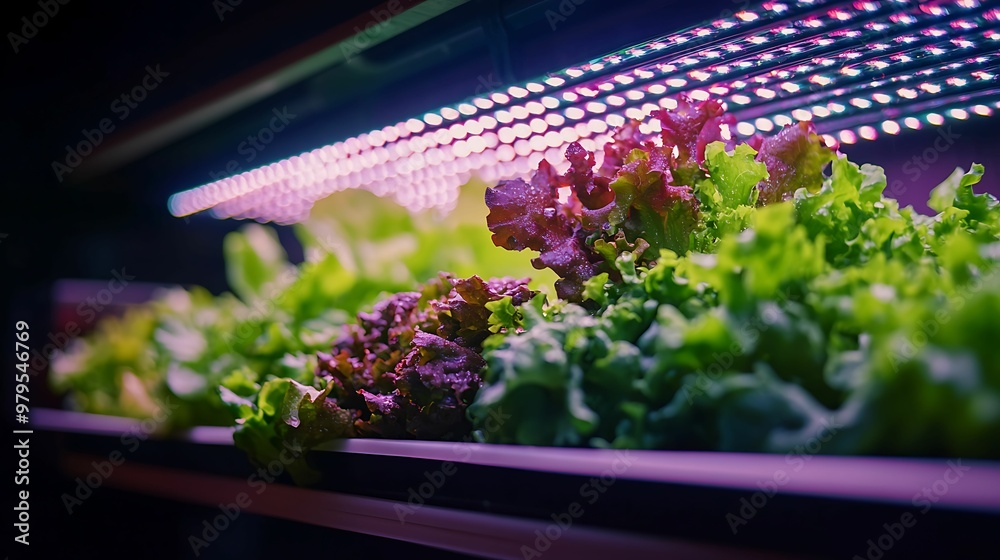 Close-up of fresh lettuce plants thriving under LED grow lights in a modern indoor farming setup, showcasing advanced hydroponic cultivation. Close-up of fresh lettuce plants thriving under LED grow lights in a modern indoor farming setup, showcasing advanced hydroponic cultivation.