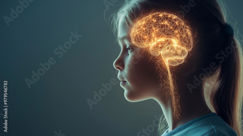 Girl with brain icon, AI concept, deep learning, consciousness, psychology, human nervous system brain, thinking, machine learning, and artificial intelligence.