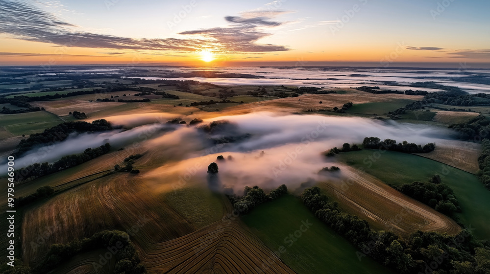 Obraz premium Aerial view of a sunrise over a foggy landscape with rolling hills, fields, and scattered trees. The light mist creates a serene atmosphere with vibrant colors in the sky.