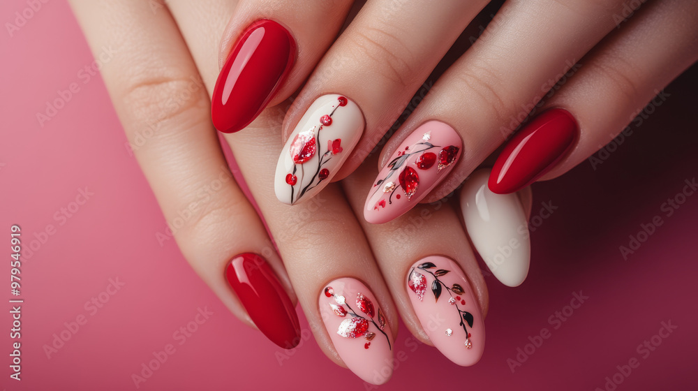 Young women with stylish nail art. They have designs with red, pink, white, and different shades of pink. Young women with stylish nail art. They have designs with red, pink, white, and different shades of pink.