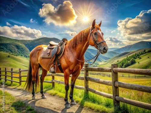 A majestic sorrel horse with a gleaming saddle and bridle stands majestic in a sun-drenched meadow, surrounded by rolling hills and rustic wooden fencing. photo