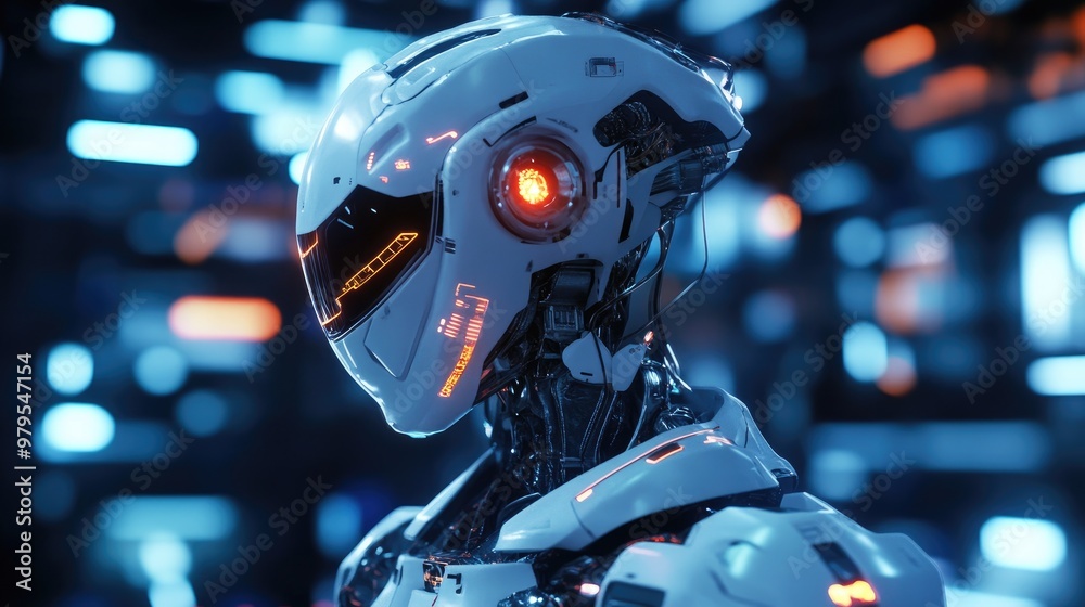 High-tech robot featuring advanced AI technology, with glowing interfaces and futuristic mechanics in a sci-fi setting. High-tech robot featuring advanced AI technology, with glowing interfaces and futuristic mechanics in a sci-fi setting.