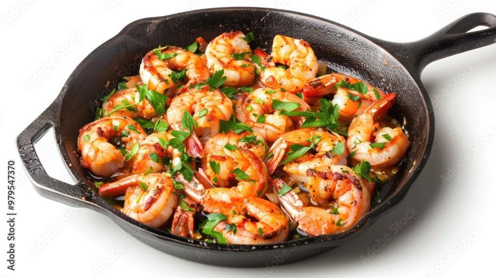 A rustic-style photo of shrimp scampi with garlic, butter, and parsley, served in a cast-iron skillet A rustic-style photo of shrimp scampi with garlic, butter, and parsley, served in a cast-iron skillet