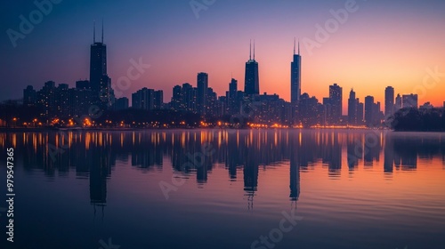 Dawn Reflections of a City Skyline, tranquil waters mirroring the emerging light, capturing the serene beauty of a bustling metropolis awakening to a new day