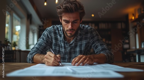 An accountant working on tax documents in a modern office