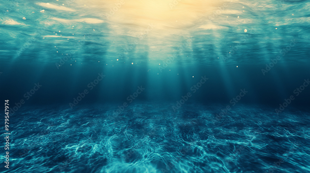 The image is of a deep blue ocean with sunlight shining through the water The image is of a deep blue ocean with sunlight shining through the water
