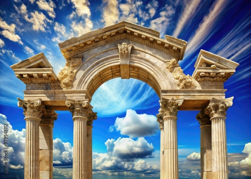 Ancient Greek-style archway with ornate carvings and columns, set against a bright blue sky with fluffy white clouds, evoking a sense of history and grandeur.