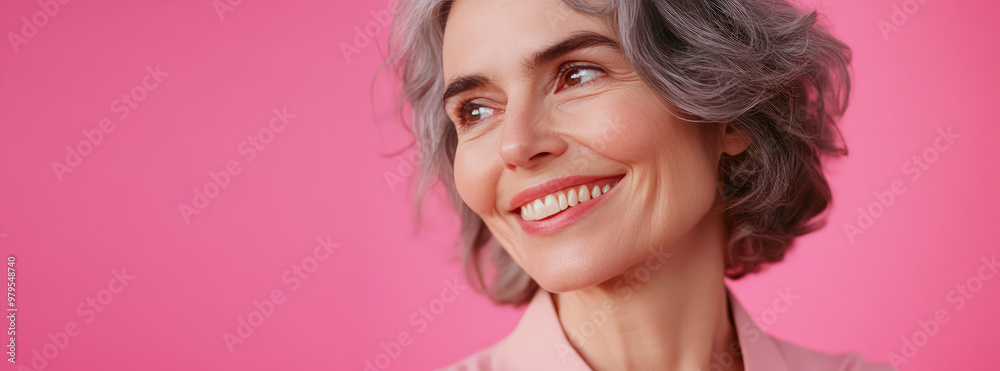 Beautiful smiling elderly woman model with beautiful gray waving hair on color background with copy space, banner template Beautiful smiling elderly woman model with beautiful gray waving hair on color background with copy space, banner template