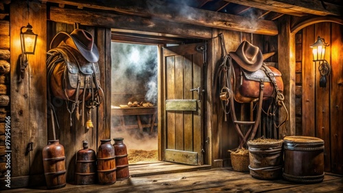 A rustic wooden swinging door creaks open, revealing a dimly lit, smoke-filled saloon with worn leather saddles and whiskey barrels, evoking the Wild West era.