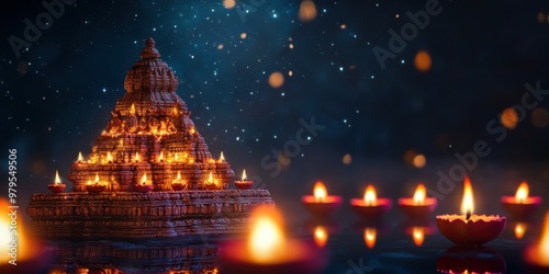 A beautiful temple with glowing diyas in the foreground, set against a deep indigo-to-black gradient sky, with shimmering stars. Copy space, Indian traditional festival happy Diwali