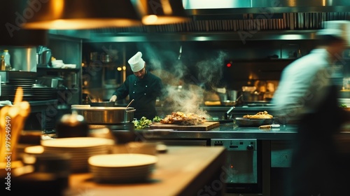 Blurred Restaurant Kitchen Background Featuring Chefs and Cooking Dishes on a Wooden Counter