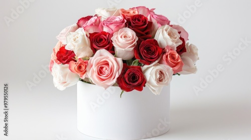 A tightly packed bouquet of red, white, and pink roses in a white box photo