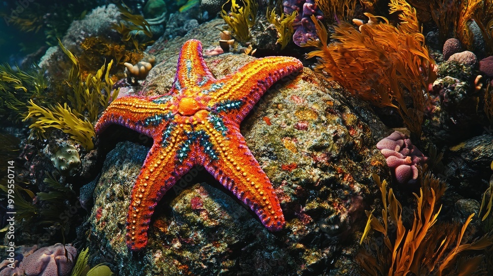 A colorful starfish resting on a rock surrounded by a variety of marine plants.