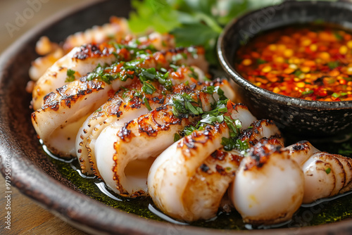 Grilled squid is placed on a plate with seafood dipping sauce