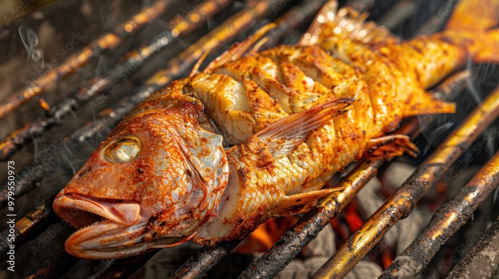 A whole grilled red snapper on a charcoal grill, with crispy skin and flaky white meat A whole grilled red snapper on a charcoal grill, with crispy skin and flaky white meat