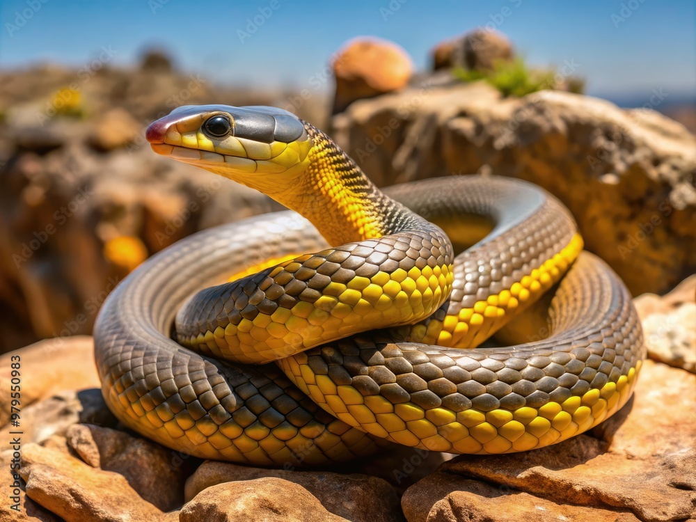 A sleek western yellow-bellied racer snake coils on a rocky outcropping, its yellow underside and brown back glistening in the warm sunlight of the open range. A sleek western yellow-bellied racer snake coils on a rocky outcropping, its yellow underside and brown back glistening in the warm sunlight of the open range.