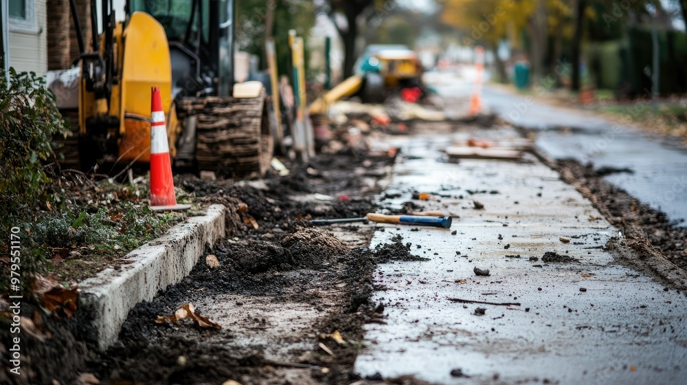 Obraz premium A damaged sidewalk next to a road being repaired, with tools and equipment scattered around.