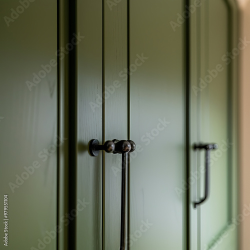 A close up view of green cabinet featuring sleek black handles, showcasing modern design. wooden texture adds warmth and character to space, making it inviting and stylish photo