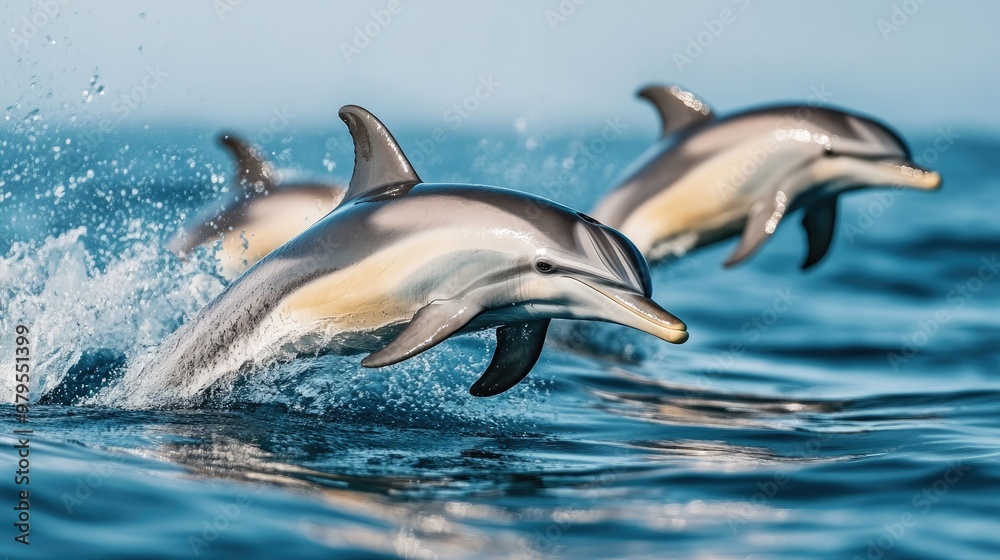 Obraz premium A dynamic image of a dolphin pod swimming in unison, with their sleek bodies and playful behavior captured in the open sea.