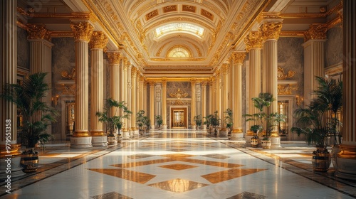 An elegant financial institution with marble floors and gold accents