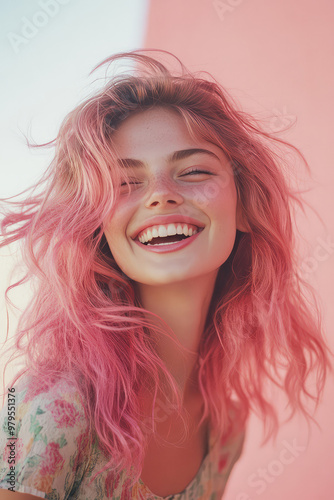 Young pretty woman smiling with pink waving hair on color background with copy space, bright hair dye, direct pigment banner template