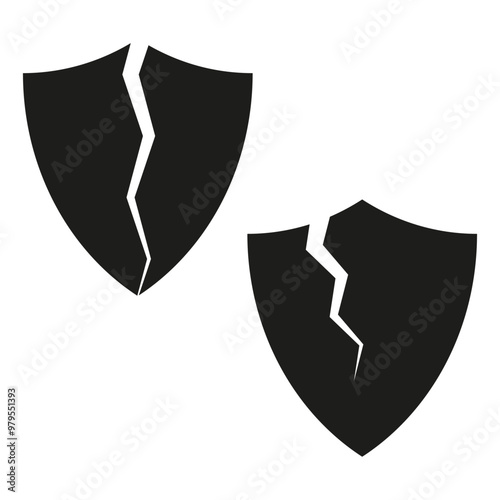 Broken shield icon. Cracked shield emblem. Security breach symbol. Protection failure.