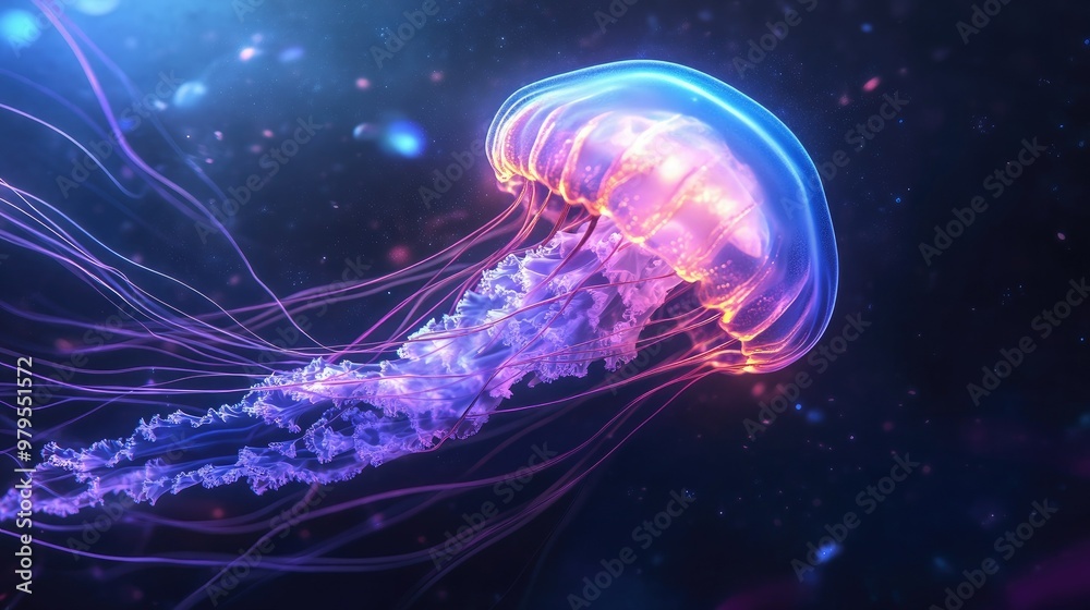 A glowing jellyfish slowly drifting through the depths of the ocean, its tendrils trailing behind. A glowing jellyfish slowly drifting through the depths of the ocean, its tendrils trailing behind.