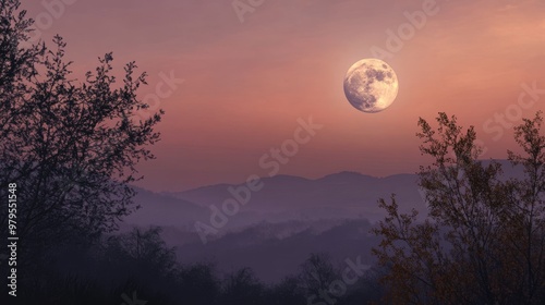 The sky above is a gradient from dusky purple to soft orange, with a glowing full moon rising, illuminating the landscape with a silver hue.