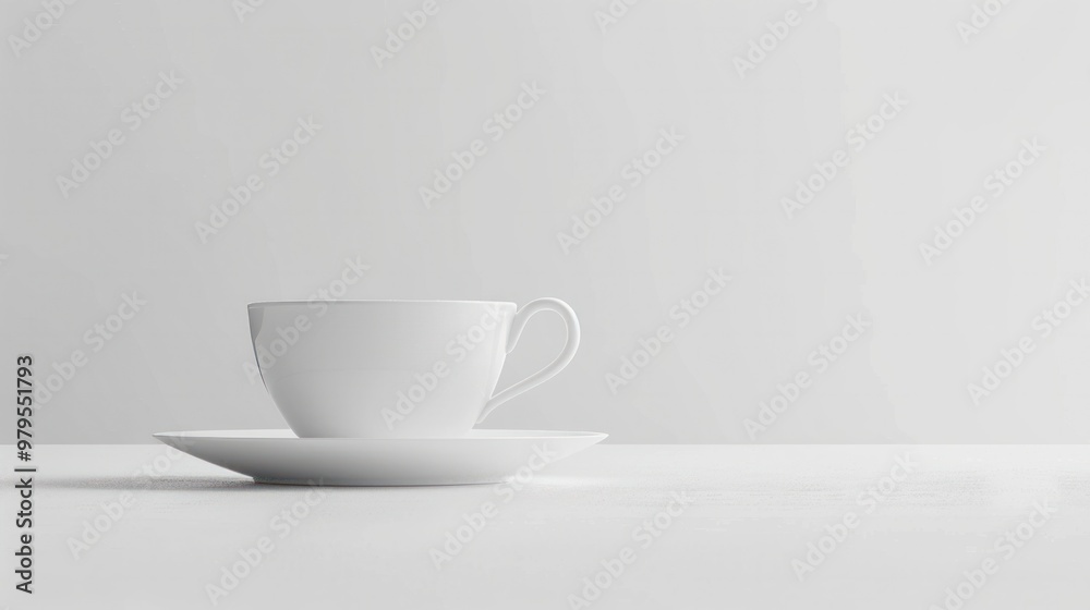 An elegant mockup of a white porcelain teacup with a matching saucer, arranged on a pristine white backdrop. An elegant mockup of a white porcelain teacup with a matching saucer, arranged on a pristine white backdrop.