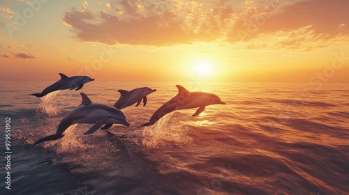 A group of dolphins leaping out of the ocean as the sun sets in the distance.